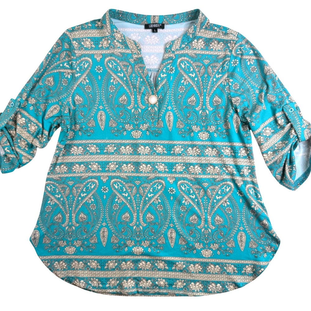 Lienridy Womens Turquoise Paisley Floral Roll Tab‎ Sleeve Tunic Top Large